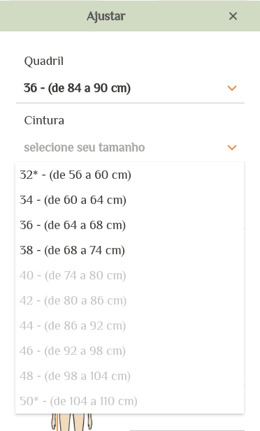 quadril selecionado e opcoes disponiveis de cintura